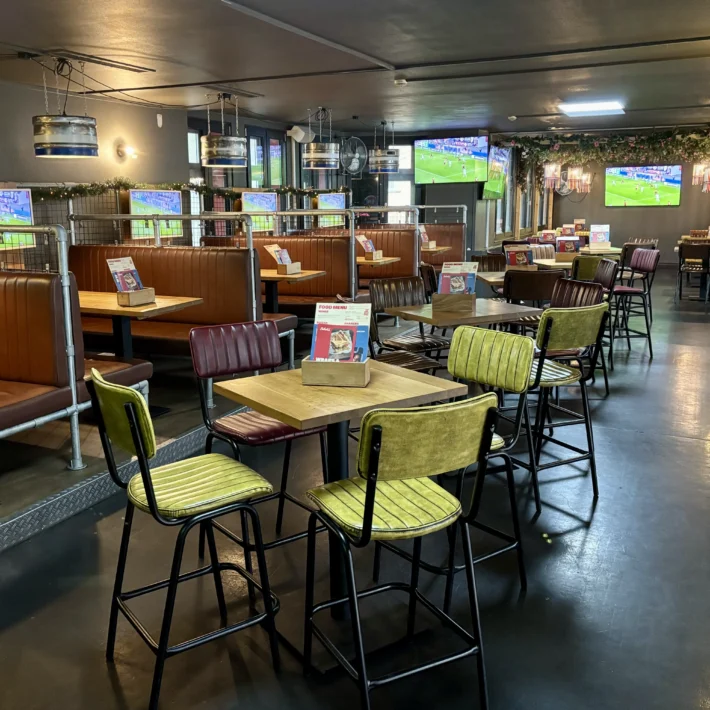 Belushi's Berlin Alexanderplatz two floor sports bar directly outside Rosa-Luxemburg-Platz U-Bahn station showing projectors and booths for watching the World Cup live