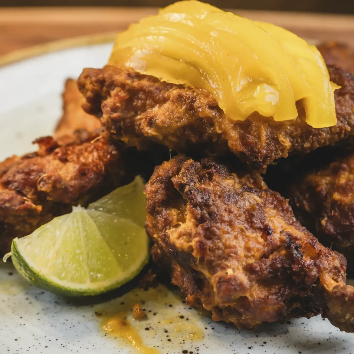 Belushi's crispy fried chicken with mango glaze and lime, globally inspired World Cup bar food served at Belushi's sports bars across Europe