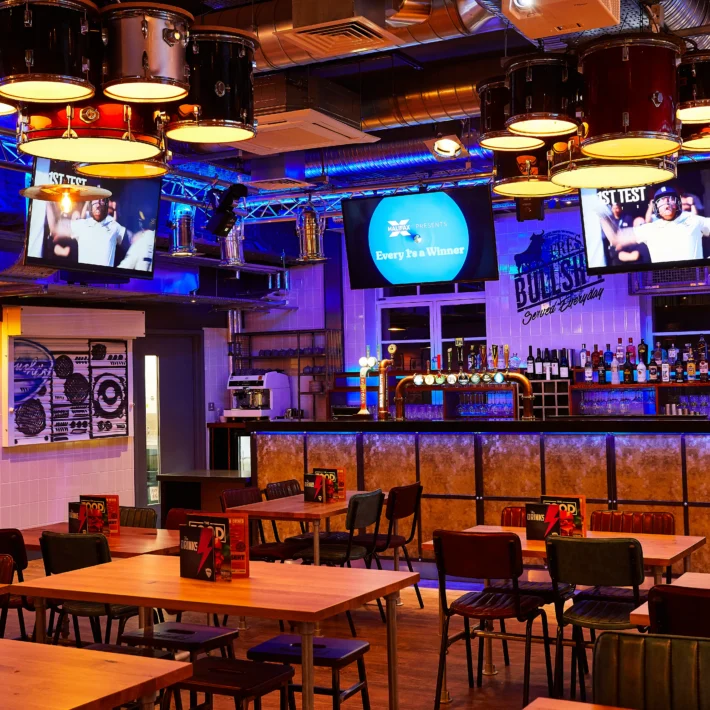 Belushi's Edinburgh sports bar interior near the Grassmarket showing projectors and seating for watching the World Cup live