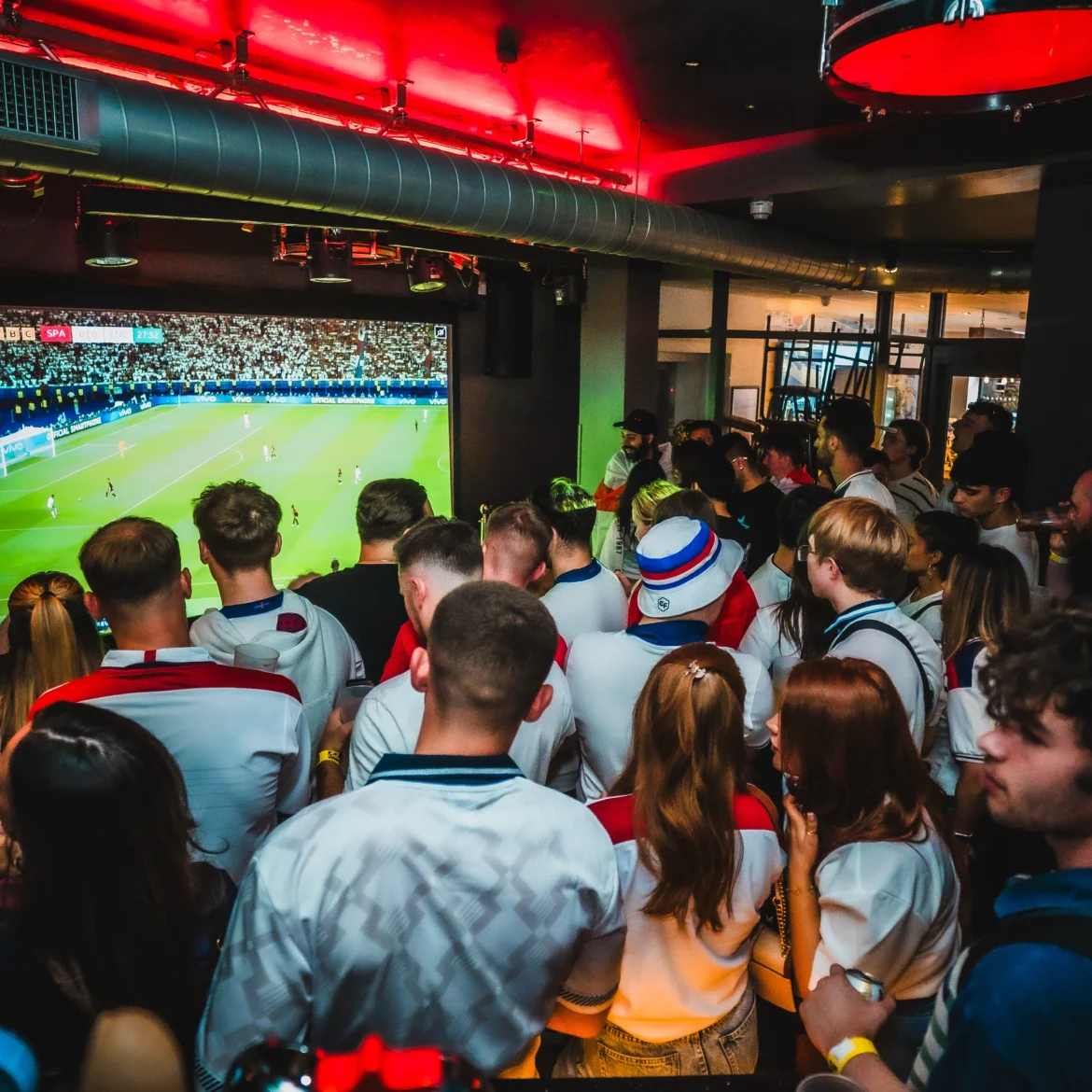 Belushi's London Bridge packed with football fans watching the World Cup live on a large projector screen in central London